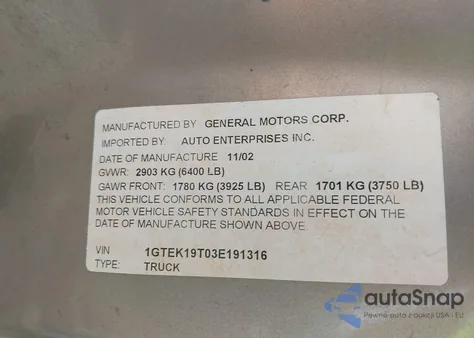 2003 GMC Sierra 1500 Sle/Slt from USA, damaged, VIN 1GTEK19T03E191316